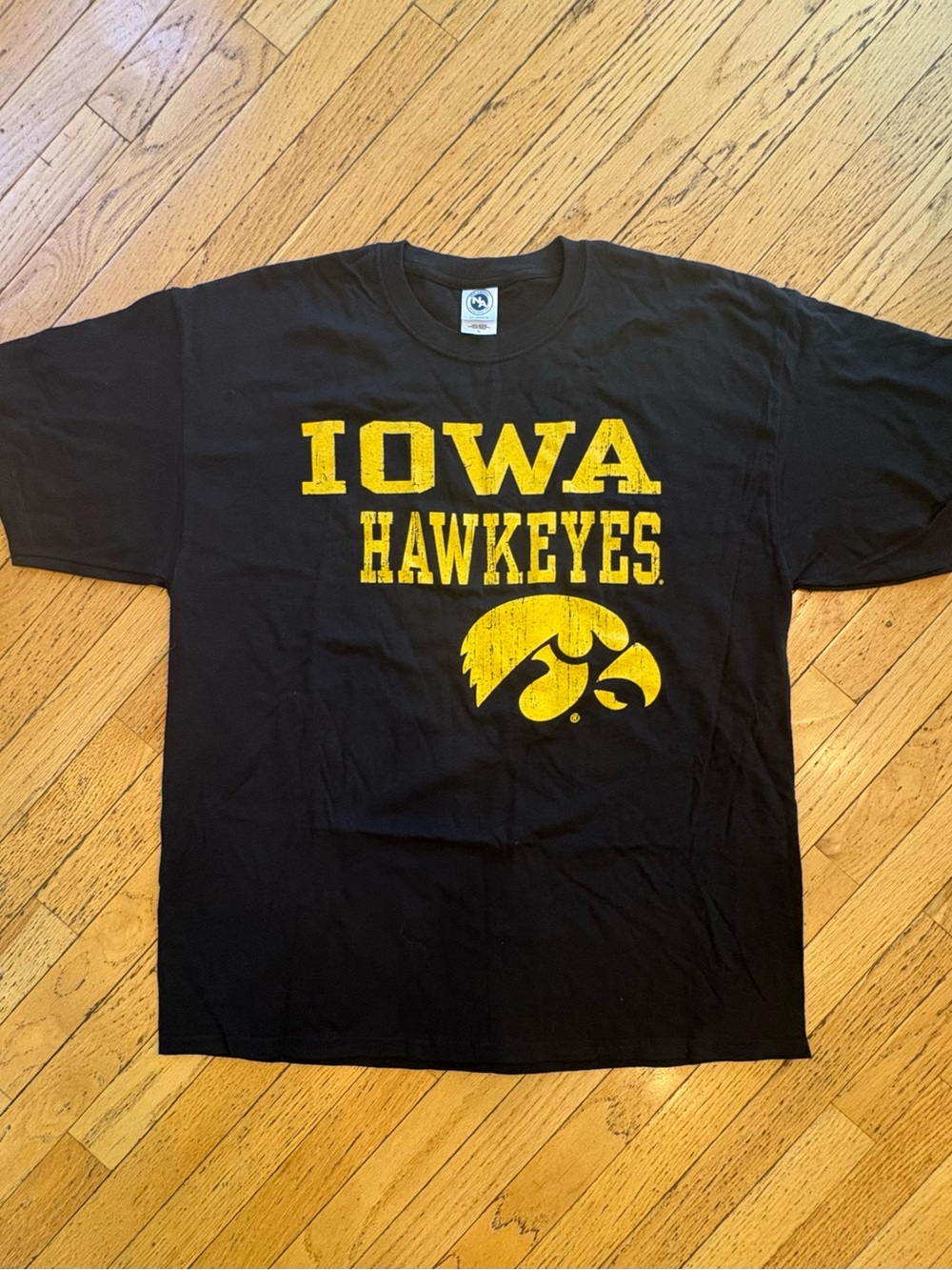Iowa Hawkeyes Black T-Shirt with Purposefully Distressed Yellow Print